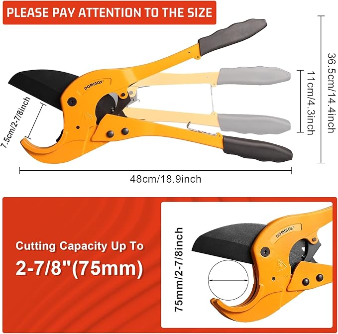 DOMINOX Heavy Duty PVC Pipe Cutter - Cuts Up to 2-7/8", 75mm Ratchet Type PVC Cutter SK5 Blade and Aluminum Alloy Body, One-hand Rapid Cutting Tool for PEX, PVC, and PPR Pipe