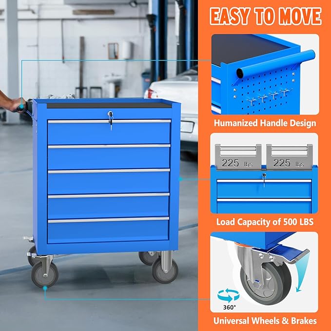 5 Drawers Rolling Tool Chest, Large Capacity Metal Tool Box with Wheels and Drawers, Tool Storage Cabinet with Keyed Locking, Tool Organizer Box for Garage, Workshop, Warehouse (Blue)