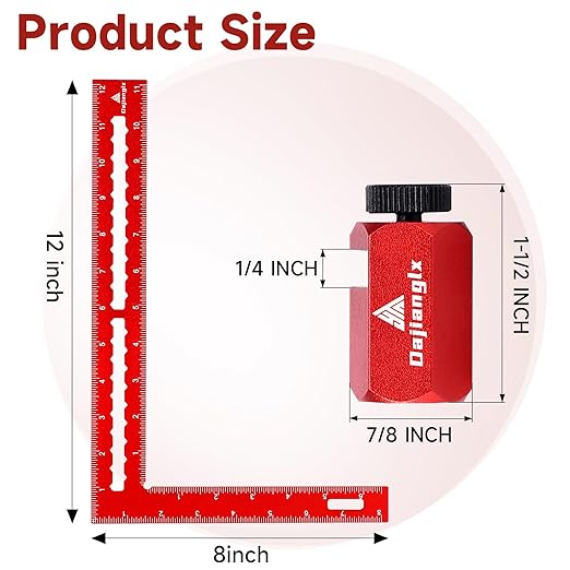 Carpenter Square 8 x 12 Inch and Tall Stair Gauges Set, for Framing Square Stop with Holder and Hook, Aluminum L Shape Angle Right Ruler, Red