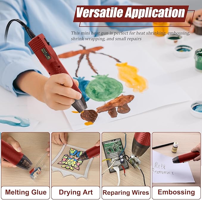 Mini Heat Gun 350W, 2-Temp Settings 392°F & 662°F,Fast Heat Hot Air Gun Tool with 2 Reflector Nozzle and and 6.56Ft Long Cable for Crafting, Vinyl Wrap and Shrink Tubing