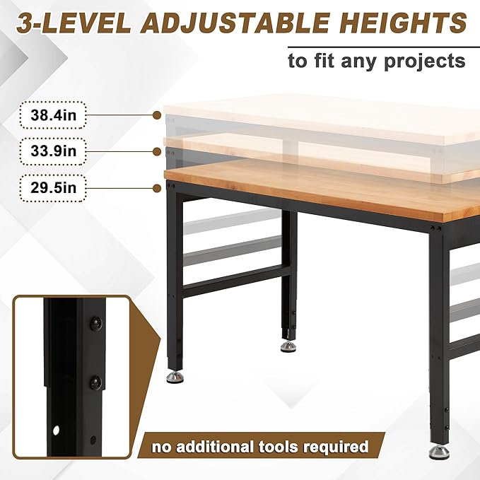 HABUTWAY Height Adjustable Workbench 48"x 24" 2000 Lbs Capacity Solid Wood Work Station Heavy-Duty Work Tables with Power Outlets for Garage Party Shop Office