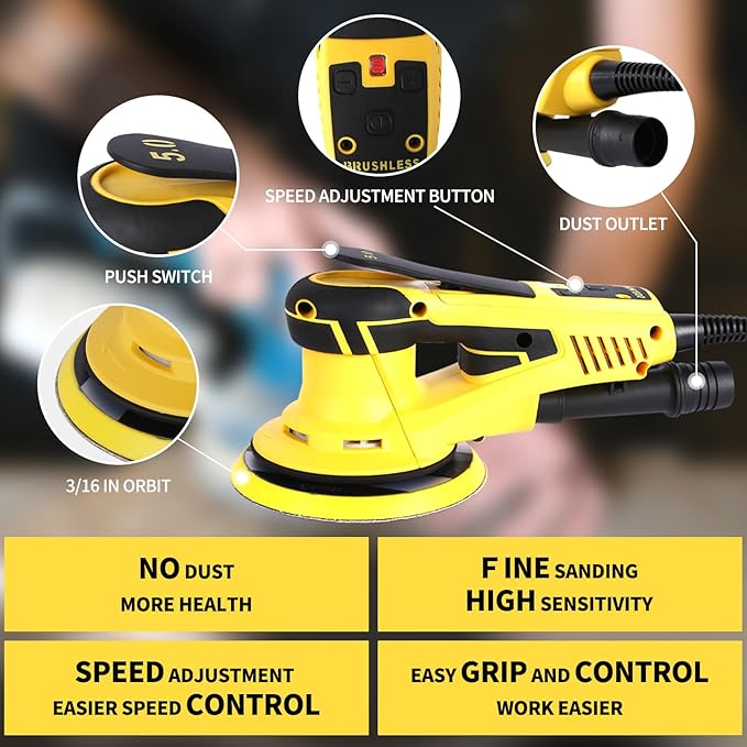 Electric Random Orbital Sander Brushless Motor Powerful 350W Polisher Sander 6-Inch 10000 RPM Variable Speed Tool for Sanding Walls and Wood, Rust Removal, Car Polishing Ect
