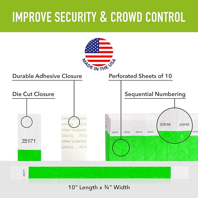 1,000 WristCo Neon Green Tyvek Wristbands for Events - Tamper-Proof Design & Fluorescent Color Prevent Reuse Premium-Grade Bracelets for Hospital & Medical ID, Party & VIP Identification