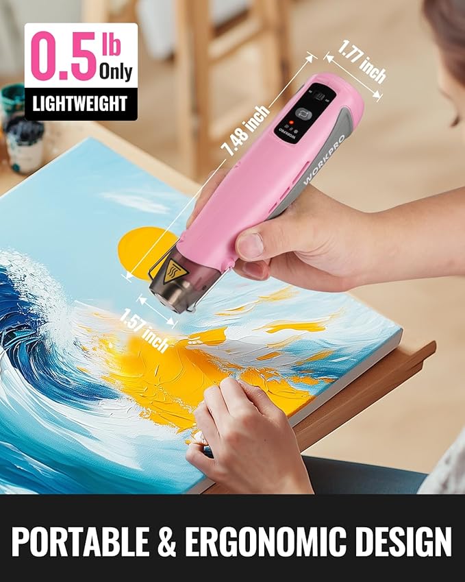 WORKPRO 7.2V Mini Cordless Heat Gun, 680℉ Hot Air Gun with Reflector Nozzle, 3 Temp Settings - Cool Air, 302℉(150℃)/680℉(360℃), Fully Ceramic Heating Core for Craft Embossing