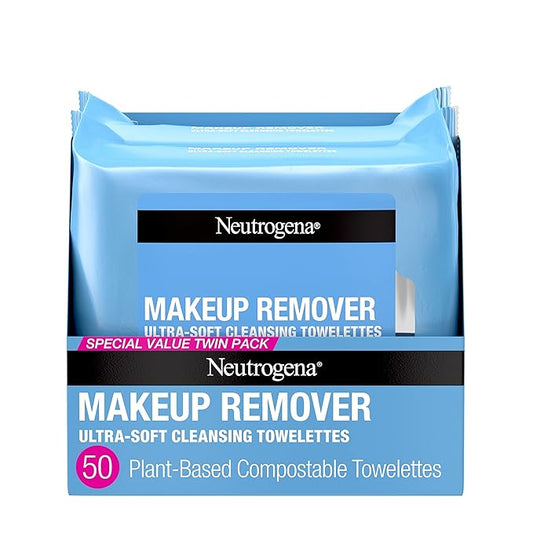 Neutrogena Makeup Remover Wipes, Ultra-Soft Cleansing Facial Towelettes for Waterproof Makeup, Alcohol-Free, Plant-Based, Twin Pack, 25 Count (Pack of 2)-VeraVaultWomen