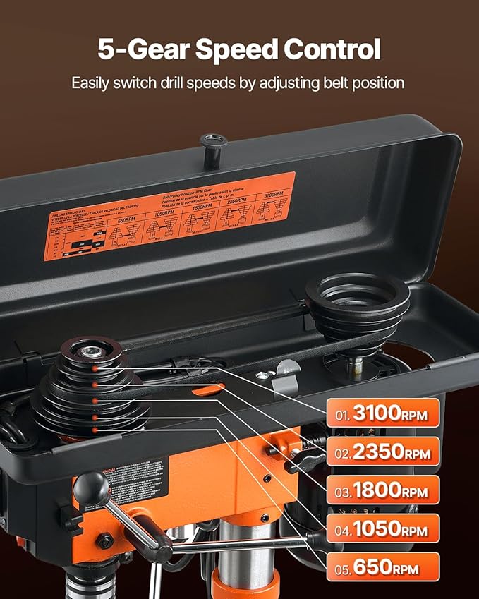 VEVOR Benchtop Drill Press, 3.2 Amp and 5-Speed Adjustable Drill Press with 10 in Swing, Cast Iron Frame, Worktable Tilts 0-45°, Ideal for Drilling Wood & Metal