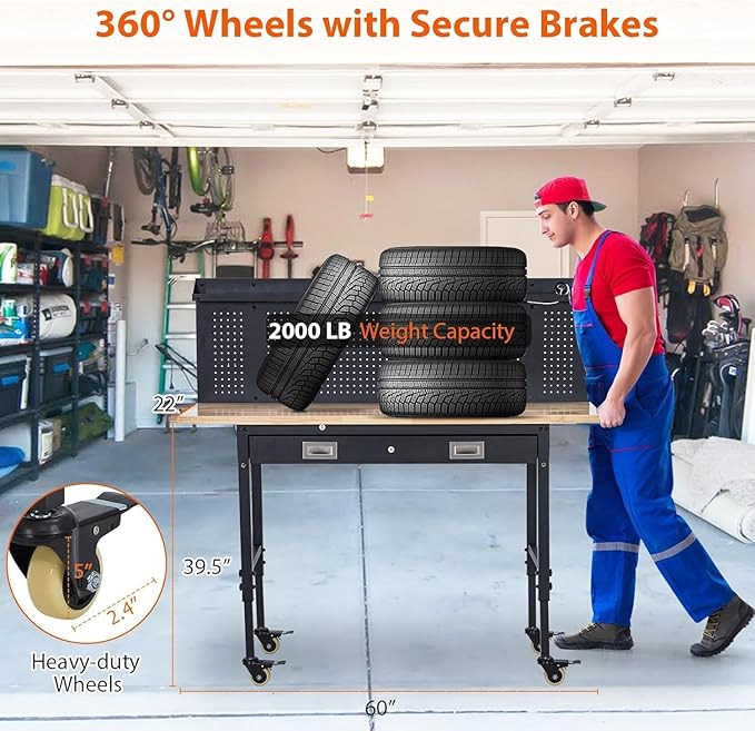 Work Bench 60" Adjustable Height, Heavy-Duty Portable Workbench with Power Outlets and Drawer for Garage & Workshop, 2000 LBS Load Capacity Large Pegboard, Work Table for Office, Home, Easy Assembly