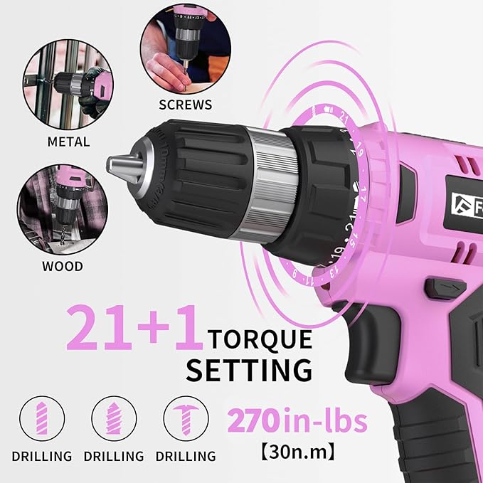 Cordless Drill Set, 20V Electric Power Drill With Battery And Charger, 30N Torque, 21+1 Settings, 3/8-Inch Keyless Chuck, Driver Bits Kit, LED Light (Pink)