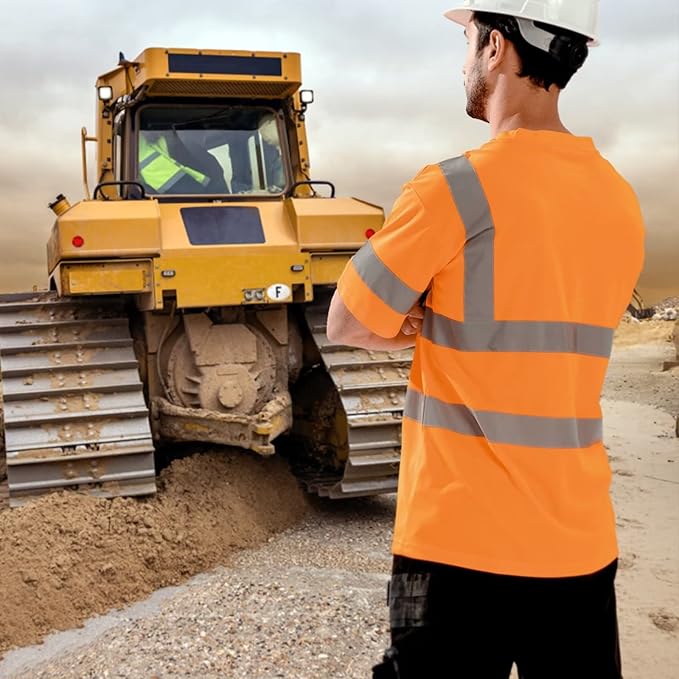 High Visibility Class 3 T Shirts，Hi Vis Safety Shirts with Reflective Strips and Pocket, Short Sleeve Quick Dry Mesh Construction Work Shirt for Men/Women Orange,4XL