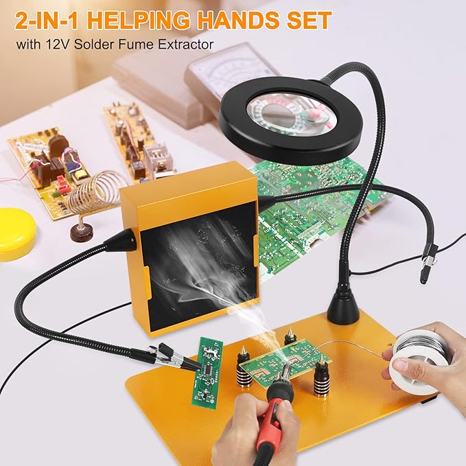 Magnetic Helping Hands Soldering Third Hand with 3X & 6X LED Magnifying Lamp, Hot Air Gun Holder,12V Solder Fume Extractor, Extra Large & Heavy Duty Base, Four Arms Solder Station for Soldering PCB