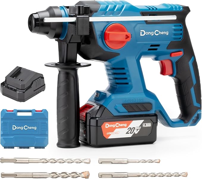 DongCheng 20V Max Cordless Rotary Hammer Drill, 7/8" SDS-Plus, 4 Application Modes, Brushless, 2.1 Joules, Cordless Demolition Hammer for Concrete, Including 4.0Ah Battery and Charger, 4 Drill Bits