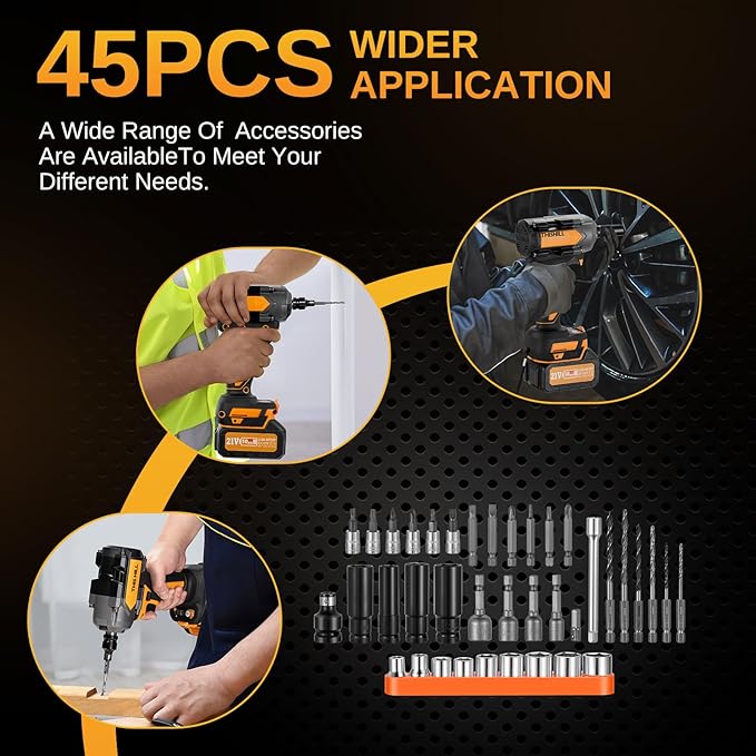 This Hill 45PCS Cordless Impact Wrench,600Nm(443Ft-lbs),1/2 Inch Brushless lmpact Driver Set,w/Two 4.0Ah Battery,17 Sockets,High Torque Power Impact Gun for Car Home