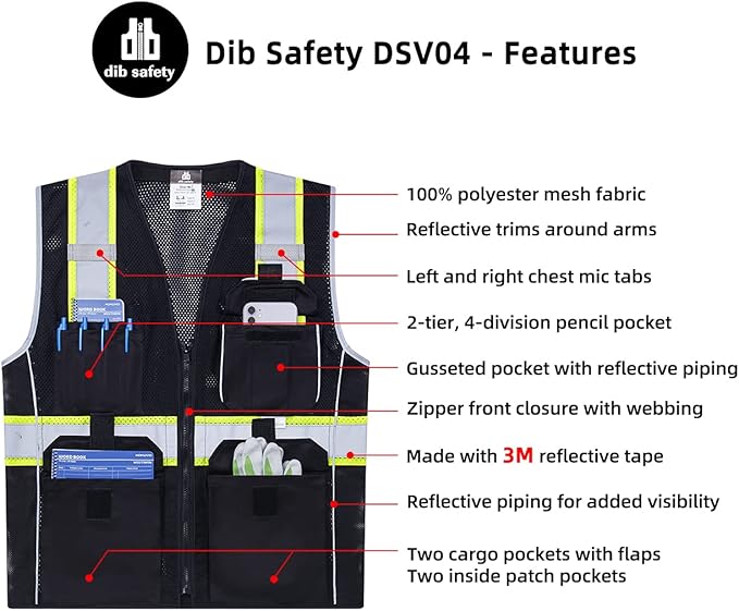 Dib Safety Vest Reflective Black Mesh, High Visibility Vest with Pockets and Zipper, Heavy Duty Vest Made with 3M Reflective Tape 2XL