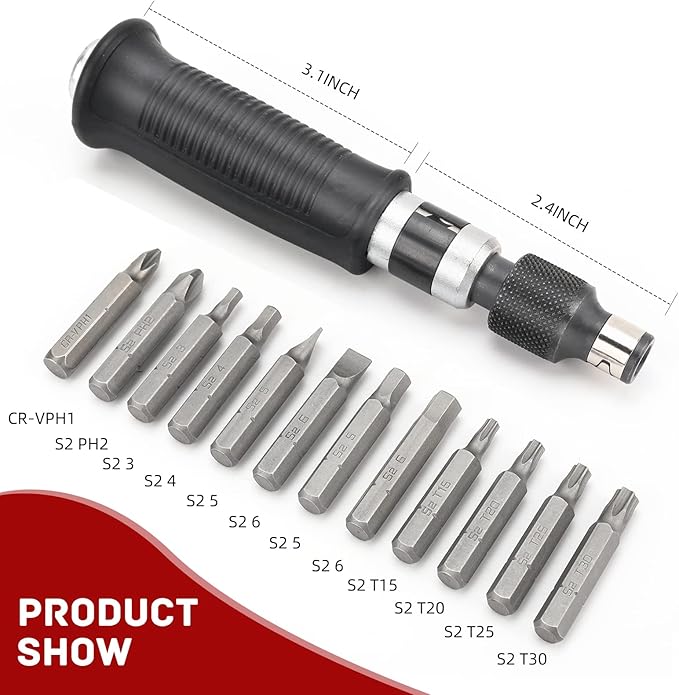 1/4" Manual Hand Impact Driver Set Extractor-14 PCS Impact Screwdriver S2 Steel Much More Durable Disengage Rusted Fasteners or Frozen Bolts Manual Reversible Impact Driver Set