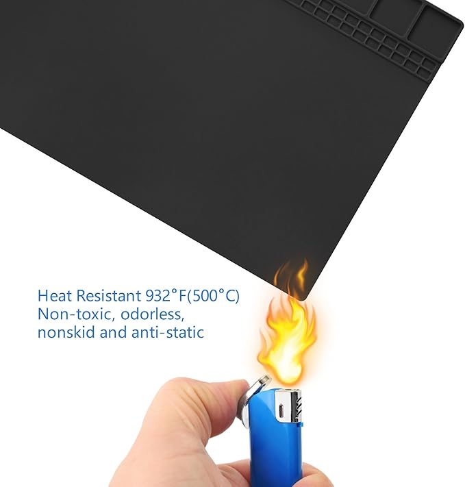 Handook Soldering Mat Silicone Repair Mat Heat Resistant 932°F Workbench Mat for Cellphone, Computer, PCB board Electronic Repair Mat for Soldering Station Iron Gun with Size 16 x 12 Inch (Black）