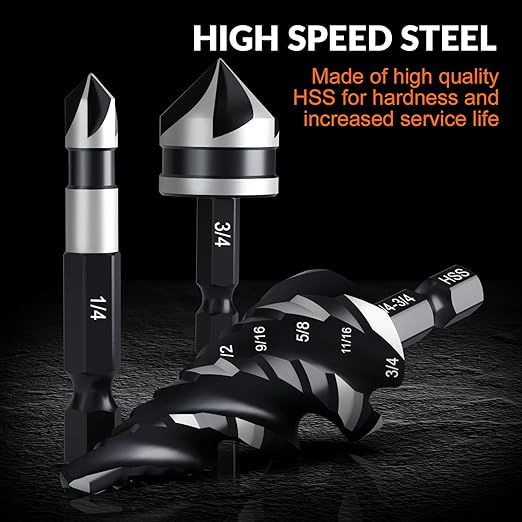 THINKWORK 5 Pcs Four Spiral Flute Step Drill Bit Set & 5 Pcs Countersink Drill Bits with Tool Box, Nitriding HSS Drill Bits for Metal, Aluminum, Wood, Plastic