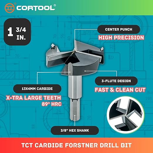 1-3/4 Inch Forstner Drill Bit, Triple-Flute Carbide Tipped Forstner Bit for Hard Wood, Soft Wood, Veneered Plywood, Plastic, Drilling Hole Saw Woodworking Hinge Cutter Tool (1-3/4 Inch)