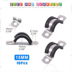 Glarks 16Pcs 15MM 2 Hole U-Tube Strap Clamp Set 304 Stainless Steel Rubber Cushion Rigid Pipe Strap U Bracket Tube Strap Assortment Kit For Pipe Tube Fixing (15mm)