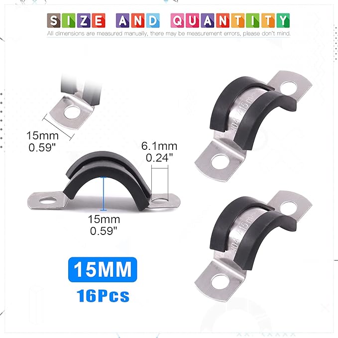 Glarks 16Pcs 15MM 2 Hole U-Tube Strap Clamp Set 304 Stainless Steel Rubber Cushion Rigid Pipe Strap U Bracket Tube Strap Assortment Kit For Pipe Tube Fixing (15mm)