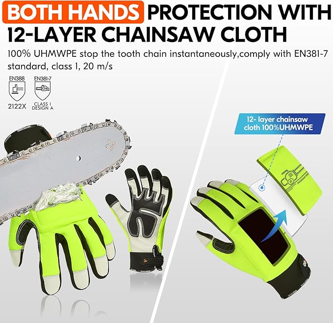Vgo... Chainsaw Gloves,12-Layer Saw Protection on Left/Both Hand Back,Cow Leather Gloves,Touchscreen