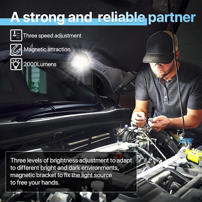 HYPERLITE Rechargeable Work Light: 1pack 20W 2000Lumens Magnetic Work Light - Hanging Hook Folding Bracket LED Work Light Job Site Lighting for Car Repairing Camping Working Hurricane