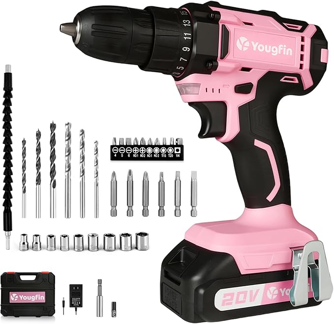 Yougfin Cordless Drill Set, 20V Power Drill Driver With Battery & Charger, 3/8'' Keyless Chuck, Variable Speed, 25+1 Torque Setting, Pink & Black