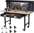 Work Bench 60" Adjustable Height, Heavy-Duty Portable Workbench with Power Outlets and Drawer for Garage & Workshop, 2000 LBS Load Capacity Large Pegboard, Work Table for Office, Home, Easy Assembly