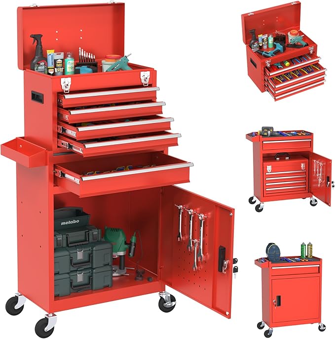 Rolling Tool Box with Wheels, 5-Drawer High Capacity Tool Chest with Wheels, Removable Storage Toolbox with Lock for Garage, Workshop