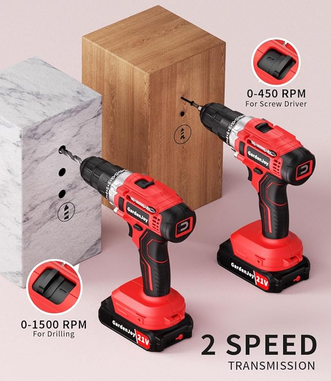 Cordless Power Drill Set: GardenJoy 21V Electric Drill Driver Kit with Battery and Fast Charger, 65pcs Acessories, 2 Variable Speed Control, 3/8-Inch Keyless Chuck and 24+1 Torque Setting