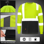 High Visibility Class 3 T Shirts，Hi Vis Safety Shirts with Reflective Strips and Pocket, Long Sleeve Quick Dry Mesh Construction Work Shirt for Men/Women Black Bottom Lime，Small