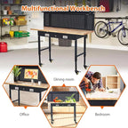 60-Inch Garage Workbench with Wheels, Adjustable Rubber Wood Top Garage Workbench with Pegboard/Drawer/Power Outlet, 2000 lbs Load Capacity, for Workshop, Woodworking, Office, Home.