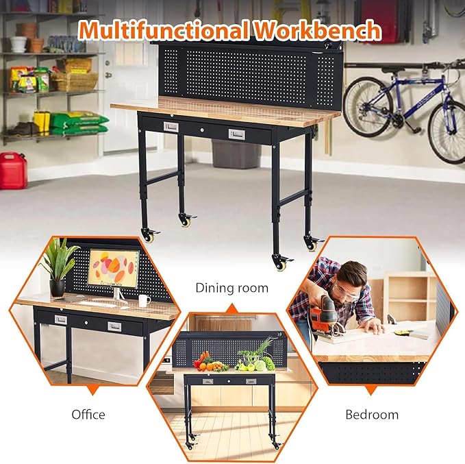 60-Inch Garage Workbench with Wheels, Adjustable Rubber Wood Top Garage Workbench with Pegboard/Drawer/Power Outlet, 2000 lbs Load Capacity, for Workshop, Woodworking, Office, Home.