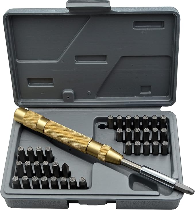 WKSTOOL 27pc Steel Stamp 1/8 3mm Heavy Duty Uppercase Letter Number Symbols with Spring Punches Hand Stamping Character Code Alphabet Marking Set for Mold Metal Jewelry Crypto Plate Leather