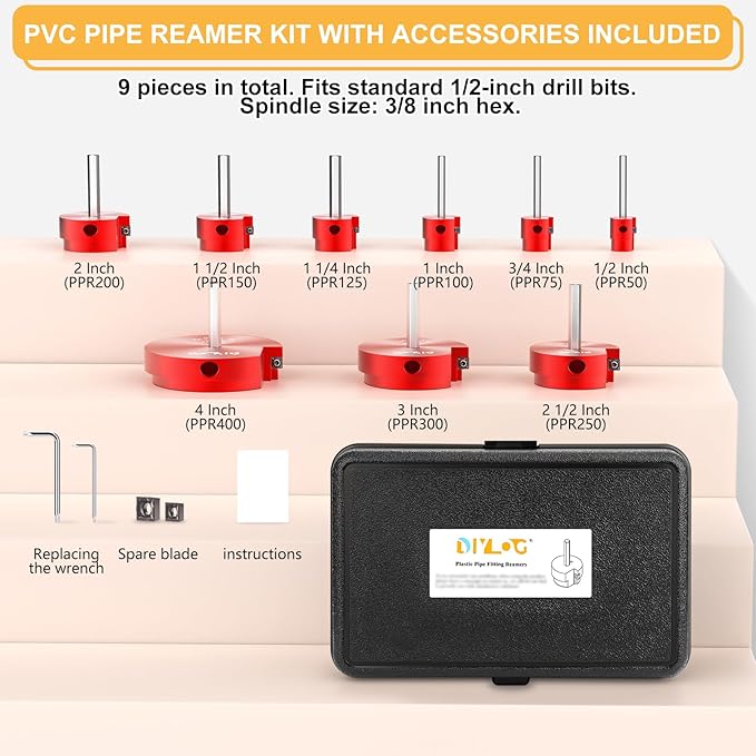 PVC Pipe Reamer, PVC Fitting Saver, 9Pcs Pipe Reamer for SCH40, Includes 1/2 inch, 3/4 inch, 1 inch, 1-1/4inch, 1-1/2inch, 2inch, 2-1/2inch, 3inch, 4inch Head Aluminum with 2 Blades