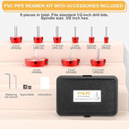 PVC Pipe Reamer, PVC Fitting Saver, 9Pcs Pipe Reamer for SCH40, Includes 1/2 inch, 3/4 inch, 1 inch, 1-1/4inch, 1-1/2inch, 2inch, 2-1/2inch, 3inch, 4inch Head Aluminum with 2 Blades