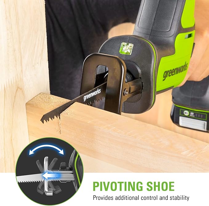 Greenworks 24V Brushless 1" Compact One-Handed Reciprocating Saw (3,000 SPM), Cordless Powered Variable Speed Recip Saw, 2.0Ah Battery and Compact Charger Included,‎ RSG404