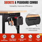 Height Adjustable Workbench with Wheels 60”×22” Heavy Duty Work Table 2000 LBS Capacity Rolling Work Table Rubber Wood Work Station with Power Outlet & Pegboard for Garage, Office, Workshop