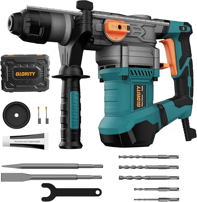 1-1/4 Inch SDS-Plus 13 Amp Heavy Duty Rotary Hammer Drill with Safety Clutch 4 Functions and Variable Speed, Including Chisels and Drill Bits