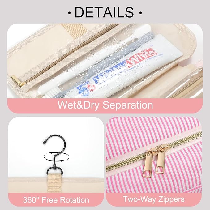 TOPEAST Hanging Toiletry Bag for Women - Travel Toiletry Bag Makeup Bag, Portable Toiletries Cosmetic Bag, Airplane Travel Essentials - Letter N, Pink