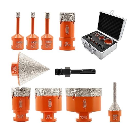 Diamond Core Drill Bit Kit BGTEC Diamond Hole Saw Tile Cutter for Porcelain Tile Ceramic Marble Brick Granite Stone, 5/8"-11 Thread 6/6/8/25/35/50/65mm+6-25mm Finger Chamfer Bit+SDS Adapter