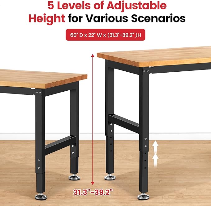 Work Bench for Garage Workbench Adjustable Height Work Table for Shop Woodworking, 60x 22 Heavy Duty Rubber Wood Top for Office, Home, Commercial