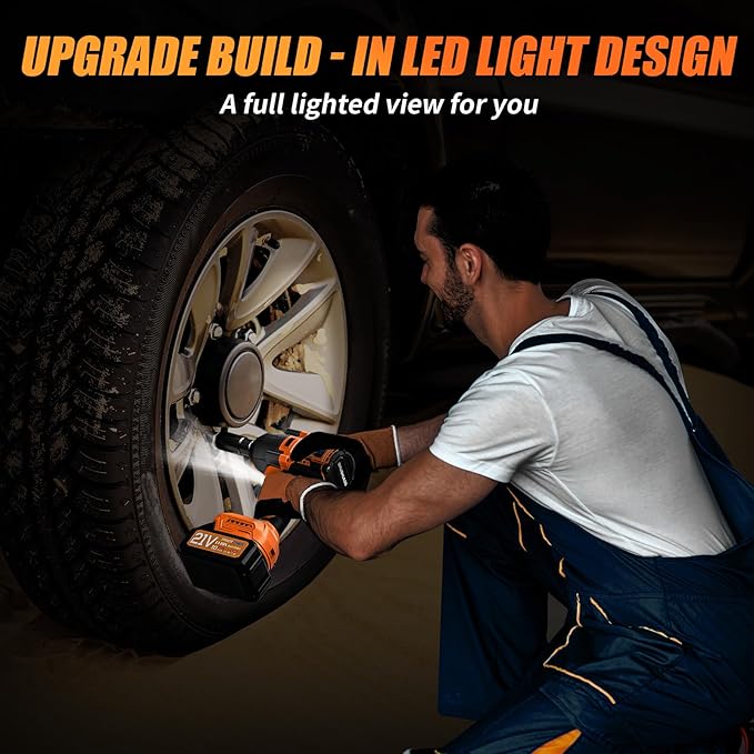 Cordless Impact Wrench, 900Ft-lbs (1200N.m) 1/2" Brushless Impact Gun, 21V High Torque Power Impact Driver, 2x4.0Ah Batteries Electric Impact Motor Variable Speeds for Family Car/Pickup Truck/Mower