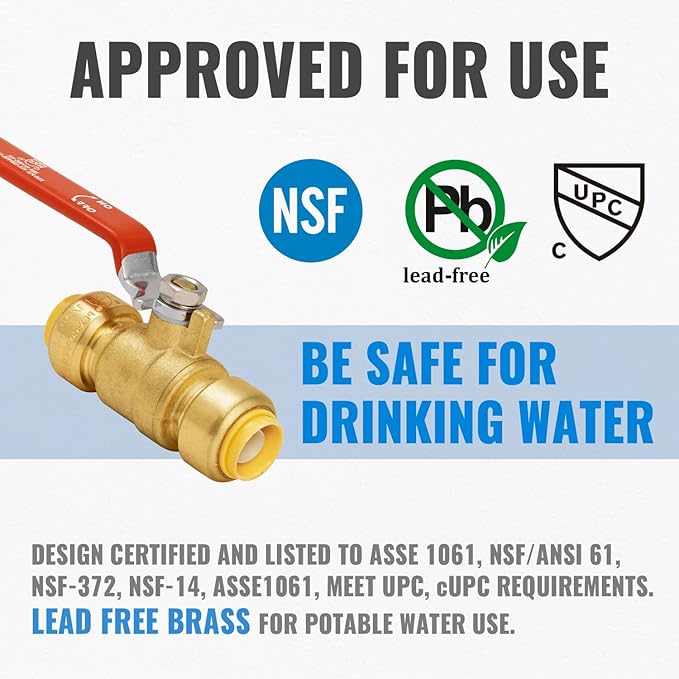 SUNGATOR 1/2 Inch Shut Off Valve, Ball Valve 1/2 Inch, Pushfit Plumbing Water Shutoff, No Lead Brass Push to Connect PEX Pipe, Copper, CPVC, PE-RT, With 1 Disconnect Clip, Pack of 4