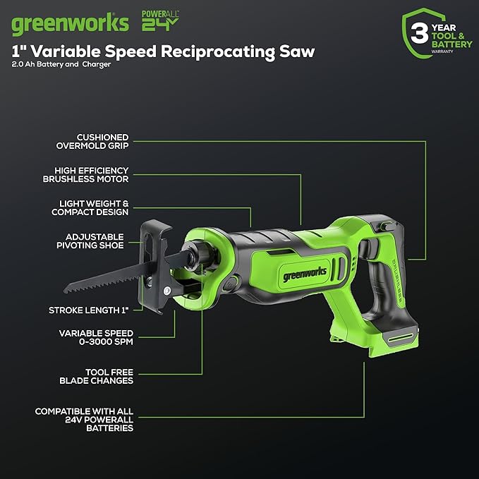 Greenworks 24V Cordless Brushless Reciprocating Saw, 3,000 SPM, 1" Stroke Length, Compact Design, Includes 2.0Ah Battery & Charger