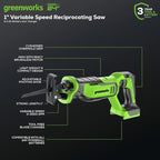 Greenworks 24V Cordless Brushless Reciprocating Saw, 3,000 SPM, 1" Stroke Length, Compact Design, Includes 2.0Ah Battery & Charger