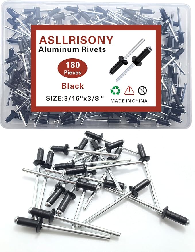 180pcs Black 3/16" x 3/8" Aluminum Blind Rivets, 4.8 x 9.5mm Pop Rivets,Aluminum Grip and Steel Mandrel