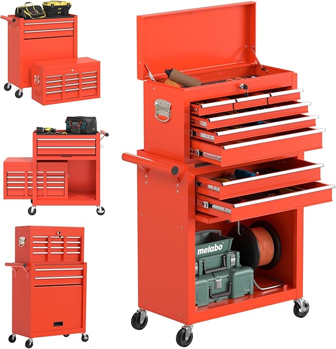 8 Drawer High Capacity Rolling Tool Chest, Tool Box with Wheels and Drawers, Detachable Toolbox with Lock, Heavy Duty Metal Tool Cabinet for Workshop, Warehouse and Garage (Red)