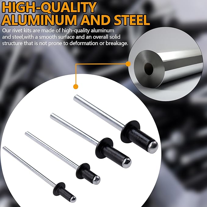 500pcs Pop Rivets Assortment Kit,14 Sizes Aluminum Rivets,Blind Rivets set,including 3/32" 1/8" 5/32" 3/16",metal Dome Head rivets Assortment kit with labels Storage boxes (Black)