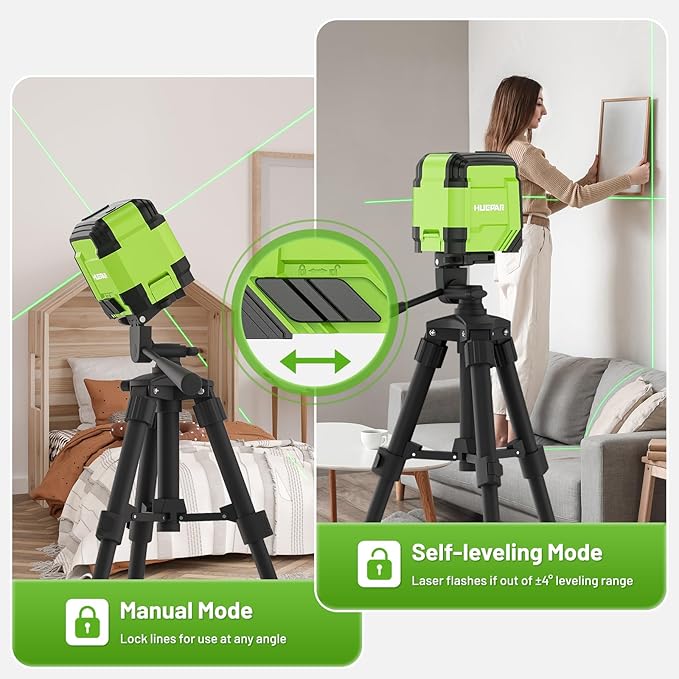Laser Level, HUEPAR 98Ft Self Leveling Laser Level Green Line Laser Cross Line Laser Leveler Tool for Picture Hanging, Tile, Home Renovation, Indoor Project, Battery&Carrying Bag Includ with L-Bracket