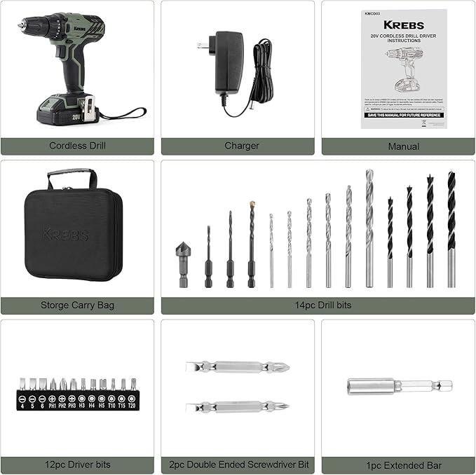 KREBS 20V Cordless Drill Set, Power Drill Kit with 1 Batteries & Fast Charger, 3/8-Inch Keyless Chuck 2 Variable Speed 18+1 Torque Setting and 28pcs Drill Bits